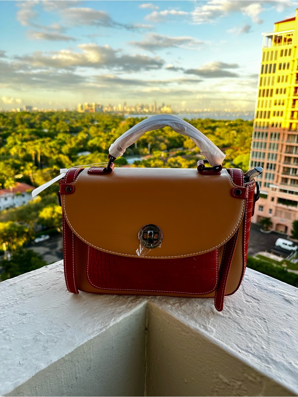 NWT Camel Red Croc Embossed Satchel Crossbody Handbag